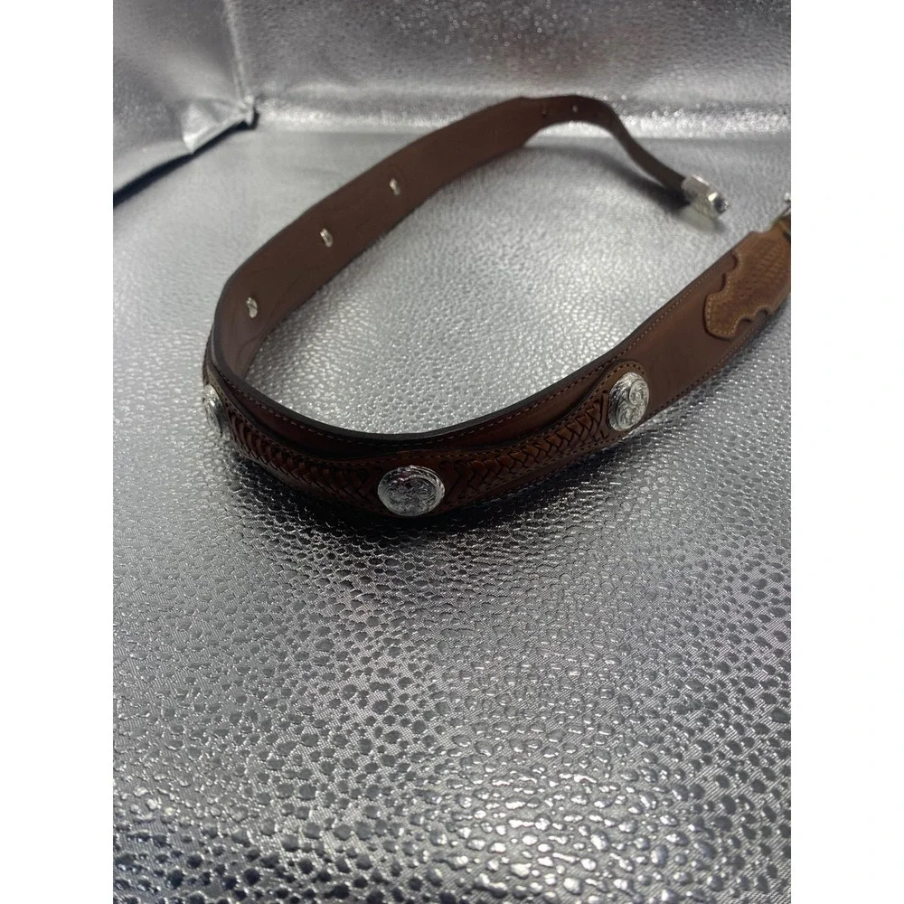Justin Mens Brown Leather Western Belt Basketweave Silver Floral Conchos Buckle